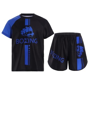 Eandarui Kinder Junge Kampfsport Anzug Kurzarm Sport Shirt Mit Muay Thai Kick Boxshorts Fitness Wushu Uniform Kampfausrüstung Blau 122-128 von Eandarui