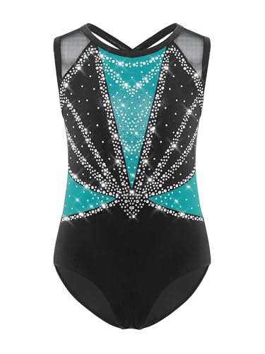 Eandarui Kinder Mädchen Ballettanzug Strass Glitzer Turnanzug Ärmellos Sportbody Strass Glitzer Trikotanzug Cut Out Leotard Dancewear Grün 158-164 von Eandarui