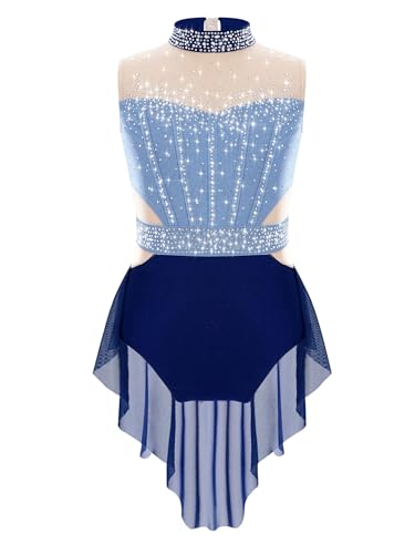 Eandarui Kinder Mädchen Eislaufkleid Strassstein Glitzer Tanzkleid Ärmellos Body Neckholder Tanztrikot Rückenfrei Mit Asymetrisch Chiffon Rock Dancewear Blau und Marineblau 110-116 von Eandarui