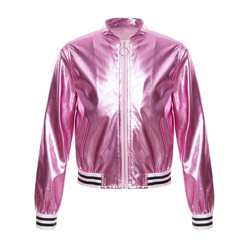 Eandarui Kinder Mädchen Metallic Jacke Holographic Jacket Mit Reßverschluss Langarm Glitzer Bomberjacke Streifen Patchwork Sweatjacke Disco Festival Outfit Rosa 134-140 von Eandarui