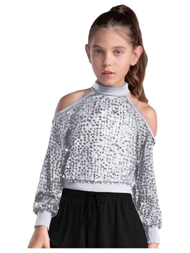 Eandarui Kinder Mädchen Tunika Bluse Pailletten Glitzer Oberteil Festlich Tshirt Schulterfrei Unterhemd Party Disco Outfit Silber 134-140 von Eandarui