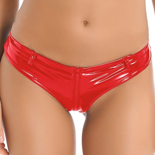 Eandarui Lack Leder Slip Damen Low Waist Unterhose Ouvert Bikinihose Brazilian Mit Reißverschluss Mini Höschen Dessous Party Clubwear Rot M von Eandarui