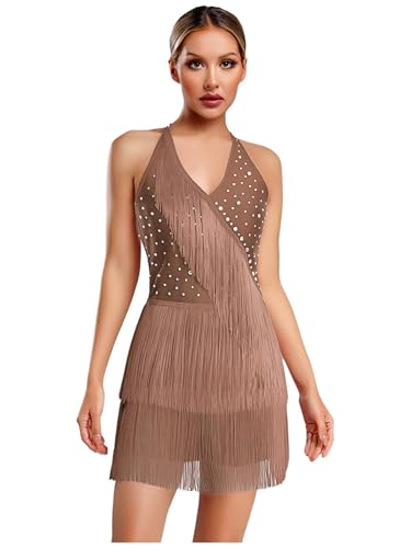 Eandarui Latein Show Tanzen Damen Kleid Ärmellos Fransenkleid Strass Glitzer Turnierkleid Quasten Tanzkleid Wettbewerb Tanzkleidung Kaffee S von Eandarui