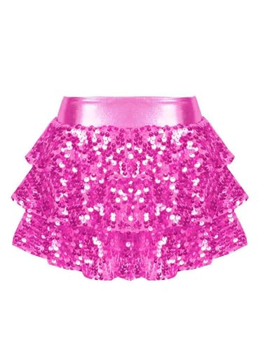 Eandarui Latein Tanz Rock Kinder Mädchen Pailletten Ballettrock Glänzend Jazz Modern Dance Kostüm A Linien Minirock Gestufter Dancewear Hot Pink 110-116 von Eandarui