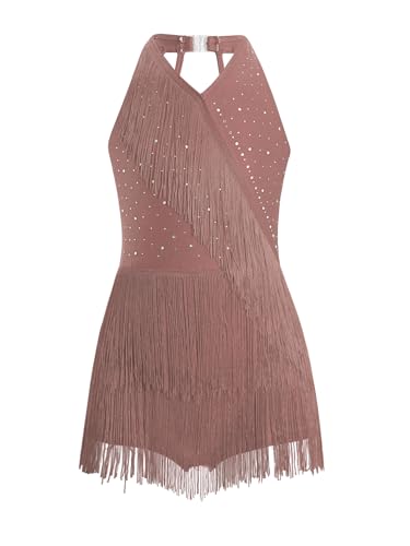 Eandarui Latein Tanzkleid Kinder Mädchen Fransen Ärmellos Trainingskleid Tanzen Standard Quasten Kleid Cut Out Trikotanzug Dancewear Altrosa 122-128 von Eandarui