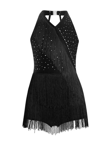 Eandarui Latein Tanzkleid Kinder Mädchen Fransen Ärmellos Trainingskleid Tanzen Standard Quasten Kleid Cut Out Trikotanzug Dancewear Schwarz 146-152 von Eandarui