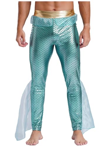 Eandarui Meeresgott Kostüm Herren Metallic Glitzer Hose High Waist Strumpfhose Fischschuppen Print Pantyhose Mit Tüllschicht Für Fasching Karneval Minzgrün XXL von Eandarui