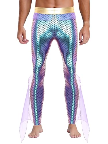 Eandarui Meeresgott Kostüm Herren Metallic Glitzer Hose High Waist Strumpfhose Fischschuppen Print Pantyhose Mit Tüllschicht Für Fasching Karneval Violett M von Eandarui