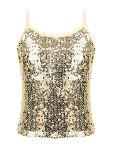 Eandarui Pailletten Shirt Kinder Mädchen Ärmellos Glitzer Party Disco Oberteil Rundhals Unterhemd Stretch Trägershirt Gr. 110-152 Gold 134-140 von Eandarui