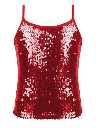 Eandarui Pailletten Shirt Kinder Mädchen Ärmellos Glitzer Party Disco Oberteil Rundhals Unterhemd Stretch Trägershirt Gr. 110-152 Rot 146-152 von Eandarui