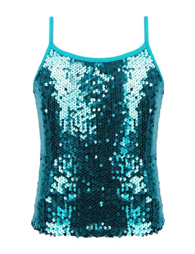 Eandarui Pailletten Shirt Kinder Mädchen Ärmellos Glitzer Party Disco Oberteil Rundhals Unterhemd Stretch Trägershirt Gr. 110-152 See Blau 146-152 von Eandarui