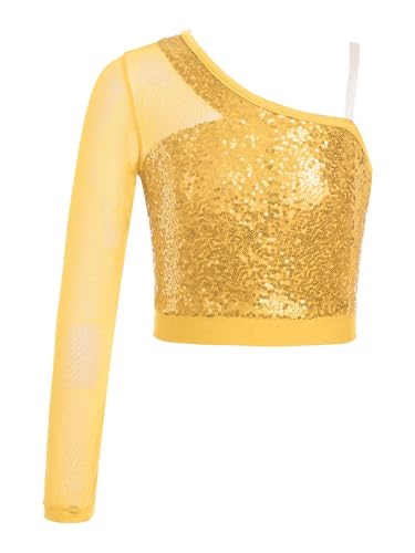 Eandarui Pailletten Tanz Shirt Kinder Mädchen Langarm Oberteil EIN Schulter Tunika Bluse Kurz Bauchfrei Crop Top Wettbewerb Tanzkleidung Gold 170 von Eandarui