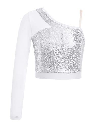 Eandarui Pailletten Tanz Shirt Kinder Mädchen Langarm Oberteil EIN Schulter Tunika Bluse Kurz Bauchfrei Crop Top Wettbewerb Tanzkleidung Silber 158-164 von Eandarui