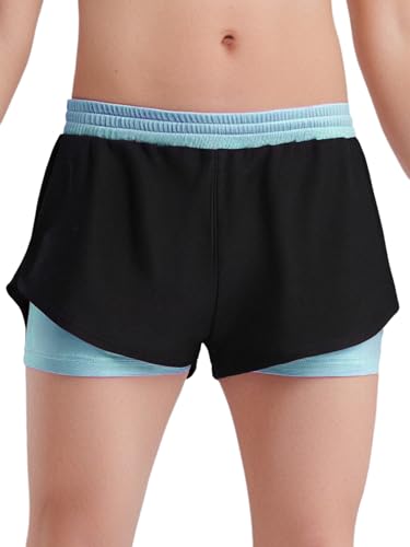 Eandarui Sport Shorts Mädchen Atmungsaktive 2 in 1 Active Kurze Hose Schnelltrocknend Sporthose Elastisch Jogger Hose Hellblau 110-116 von Eandarui