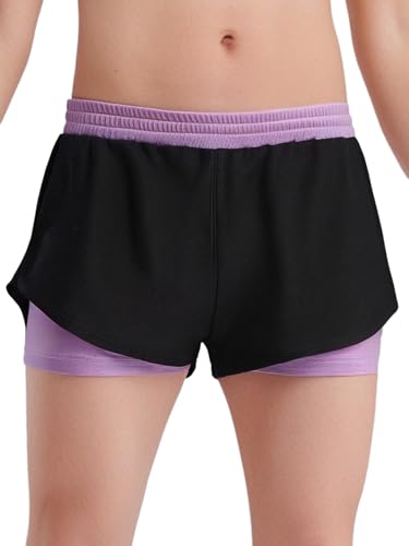 Eandarui Sport Shorts Mädchen Atmungsaktive 2 in 1 Active Kurze Hose Schnelltrocknend Sporthose Elastisch Jogger Hose Helles Lila 134-140 von Eandarui