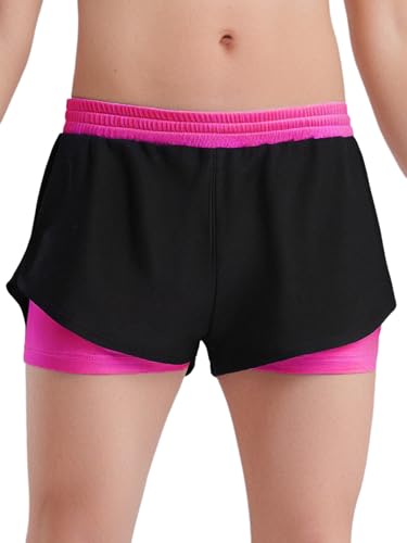 Eandarui Sport Shorts Mädchen Atmungsaktive 2 in 1 Active Kurze Hose Schnelltrocknend Sporthose Elastisch Jogger Hose Hot Pink 122-128 von Eandarui