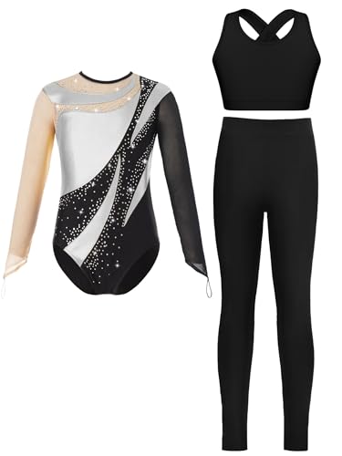 Eandarui Tanzanzug Mädchen Langarm Balletttrikot Strass Glitzer Tanzbody Mit Crossover Sport BH Stretch Hose Lang Leggings Dancewear Silber 170 von Eandarui