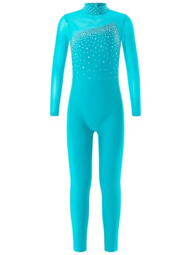 Eandarui Turnanzug Ganzkörper Mädchen Langarm Strass Glitzer Voltigieranzug Kinder Sportbody Gymnastik Trikot Stehkragen Leotard Mit Cut Out Tanzkleidung blauer See 122-128 von Eandarui