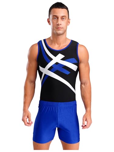 Eandarui Turnanzug Herren Kurz Männer Ärmellos Tanzanzug Einteiler Sport Body Streifen Patchwork Trikot Gymnatsik Leotard Mit Shorts Dancewear Blau 3XL von Eandarui