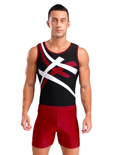 Eandarui Turnanzug Herren Kurz Männer Ärmellos Tanzanzug Einteiler Sport Body Streifen Patchwork Trikot Gymnatsik Leotard Mit Shorts Dancewear Burgundy XL von Eandarui