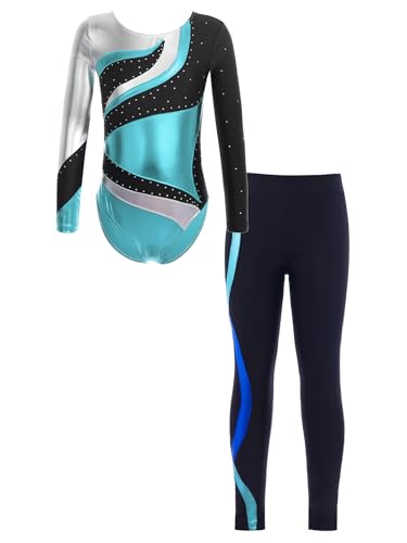 Eandarui Turnanzug Mädchen Langarm Mit Langer Hose Kinder Tanzanzug Strass Glitzer Ballettbody Metallic Patchwork Gymnastiktrikot Wettbewerb Tanzkostüm Blau 122-128 von Eandarui