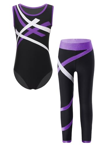 Eandarui Turnanzug Mädchen Mit Hose Lang Kinder Tanzkleidung Ärmellos Ballett Body Streifen Patchwork Turnhose 2tlg Dancewear Violett 146-152 von Eandarui