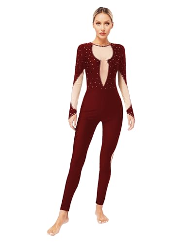 Eandarui Voltigieranzug Damen Ganzkörper Langarm Tanzbody Strass Glitzer Turntrikot Mesh Patchwork Leotard Mit Cut Out Dancewear Burgundy S von Eandarui