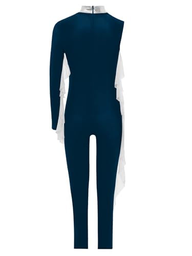 Eandarui Voltigieranzug Kinder Ganzkörper Mädchen Strass Glitzer Sport Overall Ein Schulter Jumpsuit Metallic Streifen Patchwork Leotard Wettbewerb Tanzkostüm Navy blau 146-152 von Eandarui