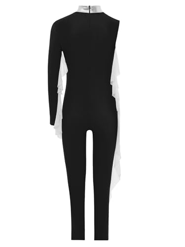 Eandarui Voltigieranzug Kinder Ganzkörper Mädchen Strass Glitzer Sport Overall Ein Schulter Jumpsuit Metallic Streifen Patchwork Leotard Wettbewerb Tanzkostüm Schwarz 134-140 von Eandarui