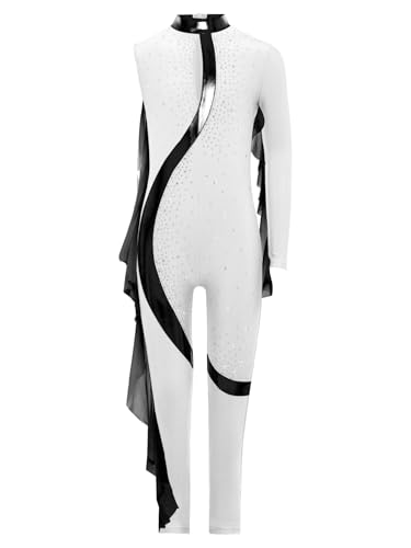 Eandarui Voltigieranzug Kinder Ganzkörper Mädchen Strass Glitzer Sport Overall Ein Schulter Jumpsuit Metallic Streifen Patchwork Leotard Wettbewerb Tanzkostüm Weiß 122-128 von Eandarui