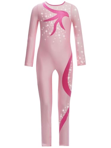 Eandarui Voltigieranzug Mädchen Ganzkörper Kinder Langarm Tanzanzug Strass Glitzer Ballettanzug Motiv Patchwork Trikotanzug Dancewear Rosa 122-128 von Eandarui