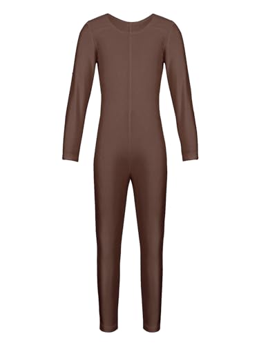Eandarui Gymnastikanzug Mädchen Langarm Ganzkörper Voltigieranzug Rundhals Sportbody Lang Overall Jumpsuit Trikotanzug Dancewear Braun 158-164 von Eandarui