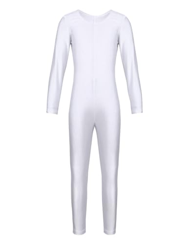 Eandarui Gymnastikanzug Mädchen Langarm Ganzkörper Voltigieranzug Rundhals Sportbody Lang Overall Jumpsuit Trikotanzug Dancewear Weiß 128-140 von Eandarui