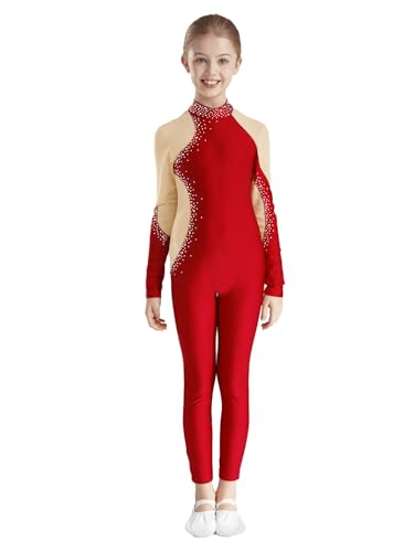 Eandarui Voltigieranzug Mädchen Langarm Kinder Ganzkörper Tanzanzug Strass Glitzer Ballettbody Mesh Patchwork Tanztrikot Gymnastik Turn Outfit Burgundy 134-140 von Eandarui