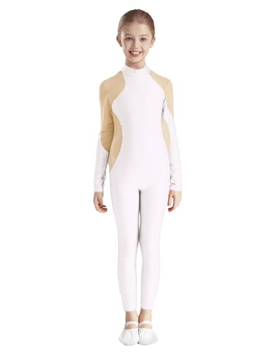 Eandarui Voltigieranzug Mädchen Langarm Kinder Ganzkörper Tanzanzug Strass Glitzer Ballettbody Mesh Patchwork Tanztrikot Gymnastik Turn Outfit Weiß 146-152 von Eandarui