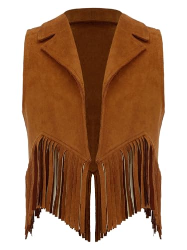 Eandarui Western Weste Mit Fransen Kinder Junge Mädchen Cowboy Cowgirl Kostüm Wildleder Fransenjacke Ärmellos Quasten Lederjacke Hippie Boho Outfit Braun 146-152 von Eandarui