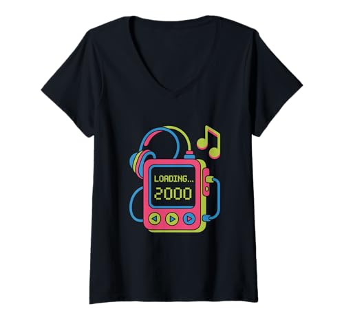 Damen Loading 2000 Retro Player Musik in Y2K Style Grafik T-Shirt mit V-Ausschnitt Damen Loading 2000 Retro Player Musik in Y2K Style Grafik T-Shirt mit V-Ausschnitt von Early 2000s Vibes Musikplayer Spruch im Retro Look