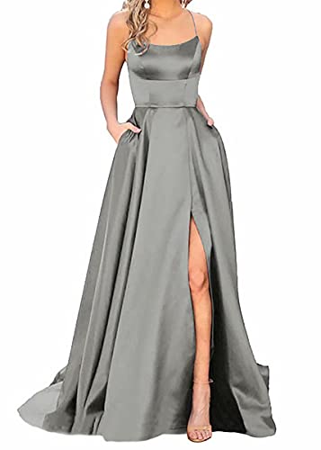 Ballkleider Damen Lang, Frauen Elegant Neckholder Backless Lang Kleider, A-Linie Criss-Cross Satin Spaghetti Party Prom Dress Seitenschlitz Hochzeit Abendparty Kleid mit Taschen von Earnmore