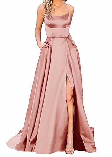 Ballkleider Damen Lang, Frauen Elegant Neckholder Backless Lang Kleider, A-Linie Criss-Cross Satin Spaghetti Party Prom Dress Seitenschlitz Hochzeit Abendparty Kleid mit Taschen von Earnmore