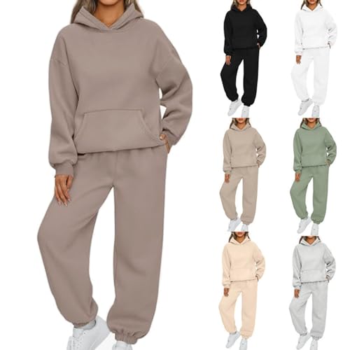Earnmore Damen Hausanzug mit Kapuze 2 Teile, Damen Jogginganzug Set Sweatshirt mit Hose Elegant Freizeitanzug,Sport Hosenanzug Langarm Hoodie Hausanzug (Kaffee,L) von Earnmore