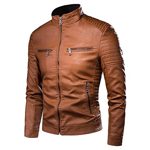 Earnmore Lederjacke Herren,Retro Casual Slim Stehkragen Motorradjacke, Winter Men Biker Pocket Design Pu Pilotenjacken Kunstledermantel, Zum Motorradfahren, Kostümpartys, Ausflüge, Ausflüge Usw. von Earnmore