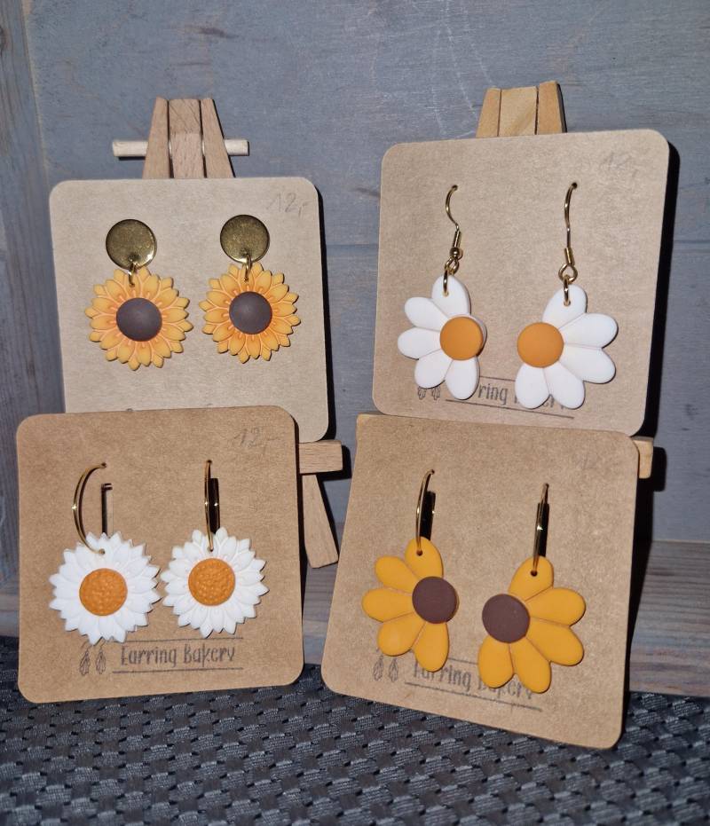 Polymer Clay | Earrings Ohrringe Sommer Frühling Blumen Sonnenblume Margerite Gold von EarringBakery