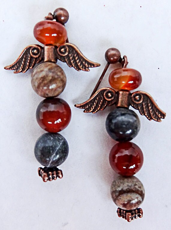 Roter Achat Und Picasso Jaspis Ohrringe - Antike Kupferflügel 0635G von EarringsBraceletsEtc