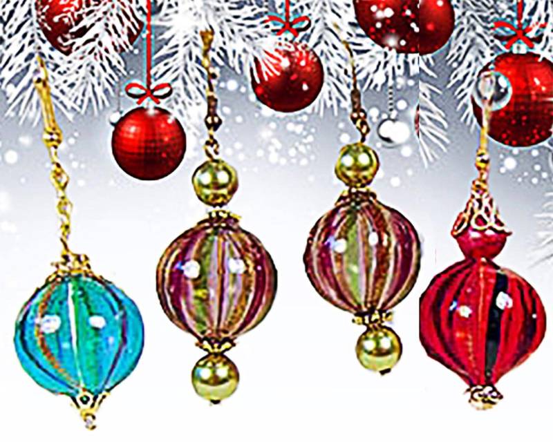 3 Weihnachtsornament-Ohrringe, Glaskugeln, Streifen in Gold Und Anthrazit, Blaues Ornament, Rotes Lila Ornament - 0676C von EarringsBraceletsEtc