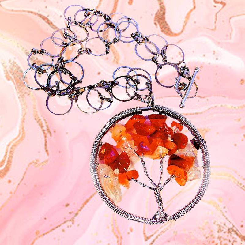 Roter Achat Baum Des Lebens-Halskette Anhänger Mit Versilberter Platte, Knebel-Verschluss von EarringsBraceletsEtc