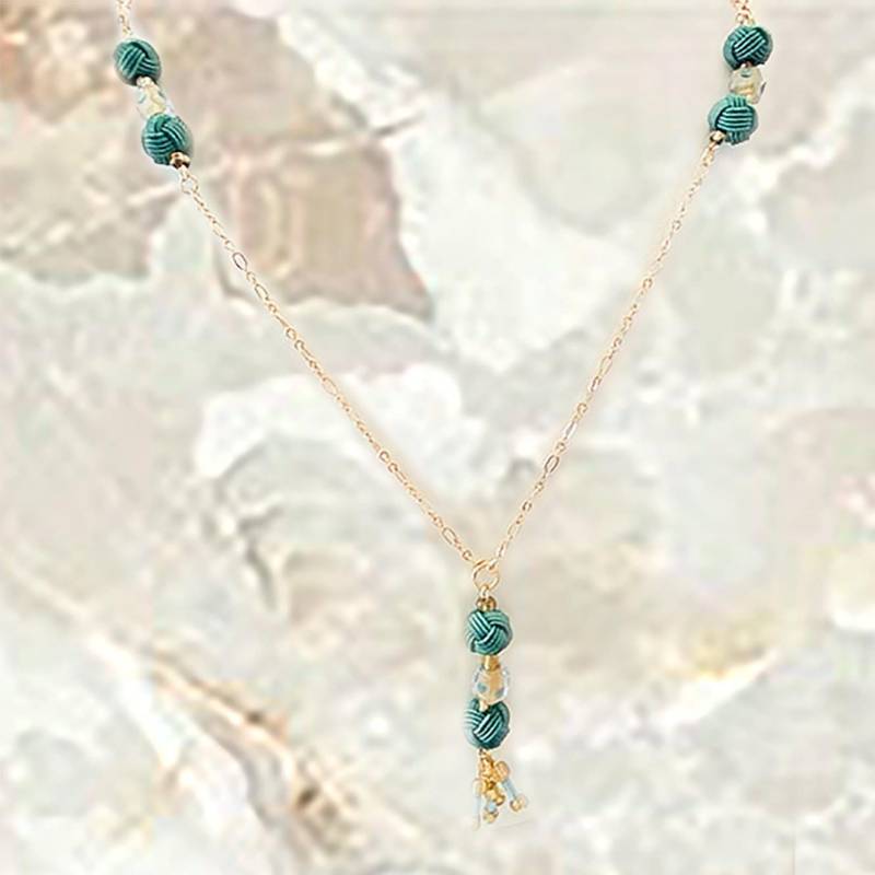 Aqua Fabric Knoten Halskette Und Ohrringe Set Blaue Perlengoldkette, Handgemacht - 0878Js von EarringsBraceletsEtc