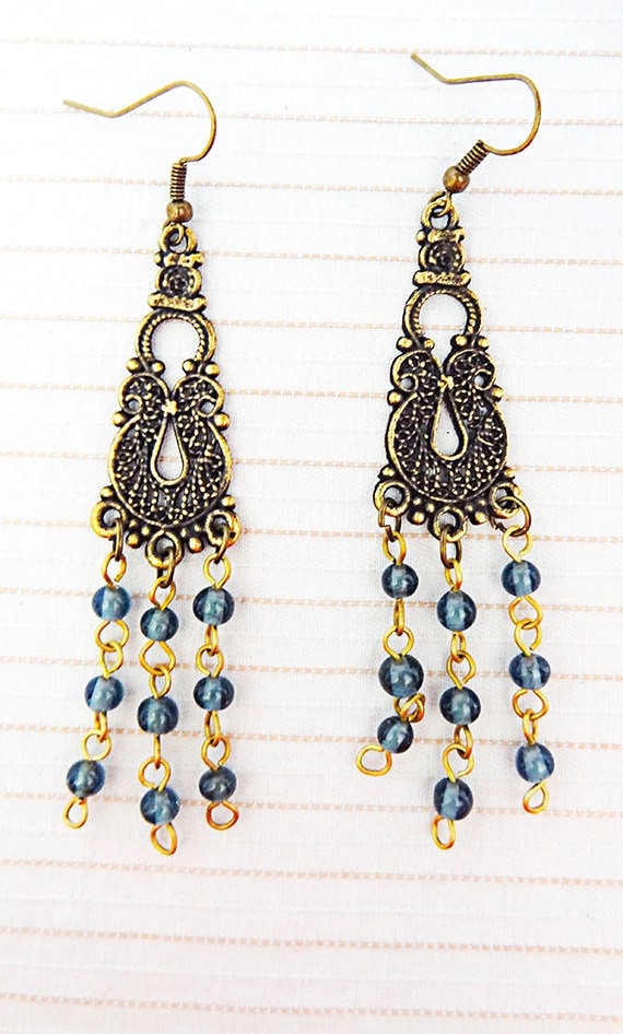 Blaue Perlenohrringe, Kette Gold, Antiker Messingleuchter, Messingohrring, Messingschmuck, Blaue Ohrringe, Blauer Schmuck, Baumeln Ohrringe - 0240+ von EarringsBraceletsEtc