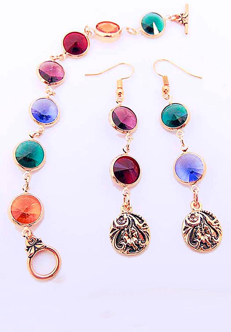 Swarovski Kristall Halskette Und Ohrringe Antikes Gold Schmuck Set von EarringsBraceletsEtc