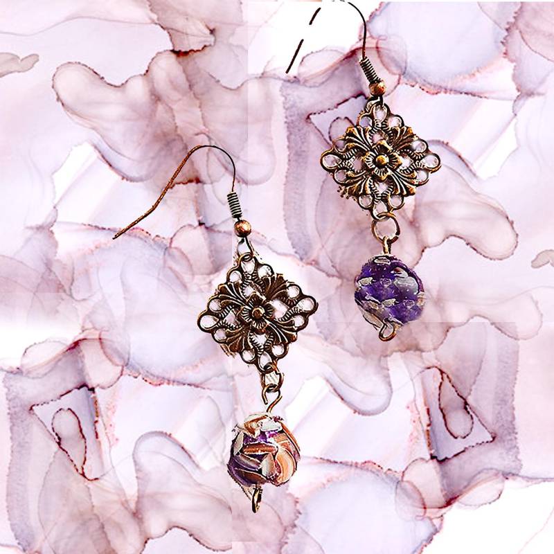 Marmorierte Glas-Ohrringe Antike Messing Baumeln Schmuck von EarringsBraceletsEtc