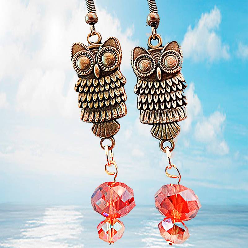 Messing Eulen Ohrringe Mit Gebrannte Orange Kristalle von EarringsBraceletsEtc